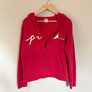 PINK Victoria's Secret Red Zip Hoodie Sweatshirt Women's Gold Logo Size XL